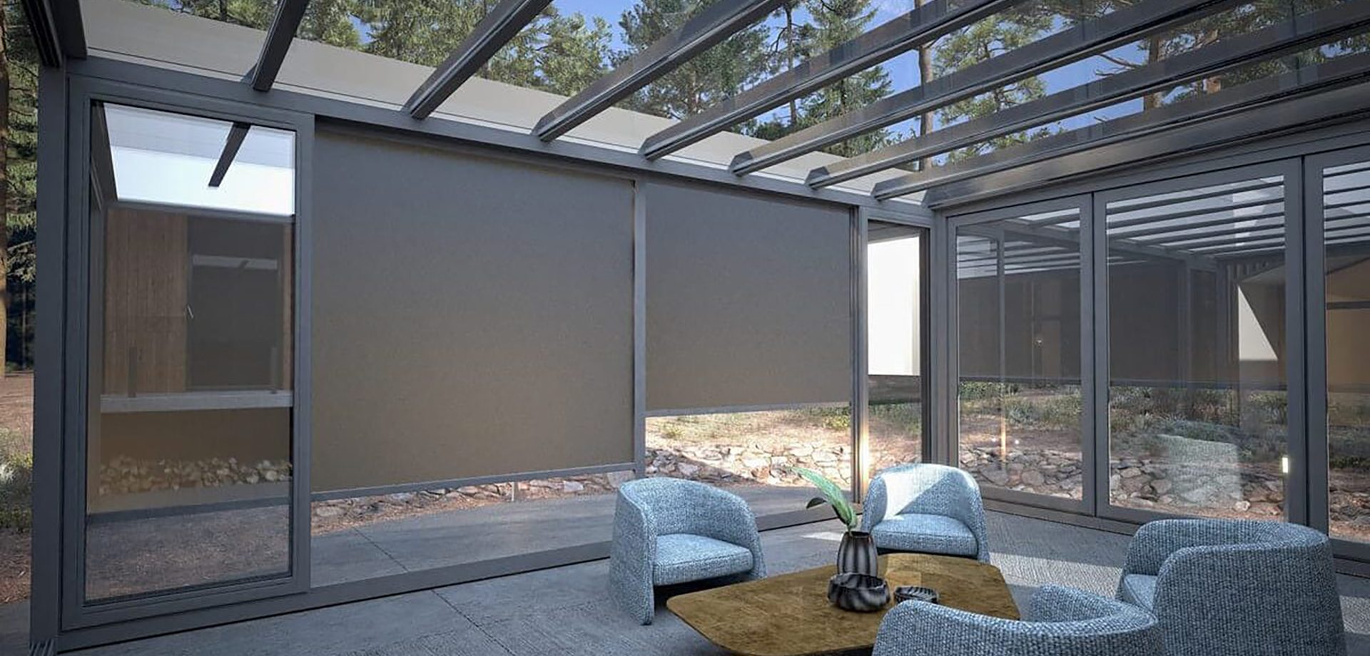 Glazed enclosure with sliding glass walls