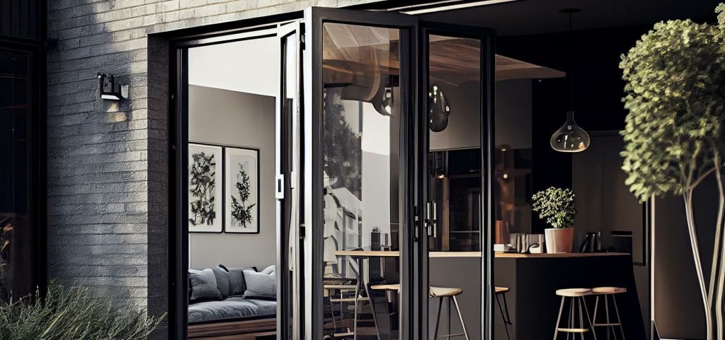 Folding glass doors opening a kitchen to the patio