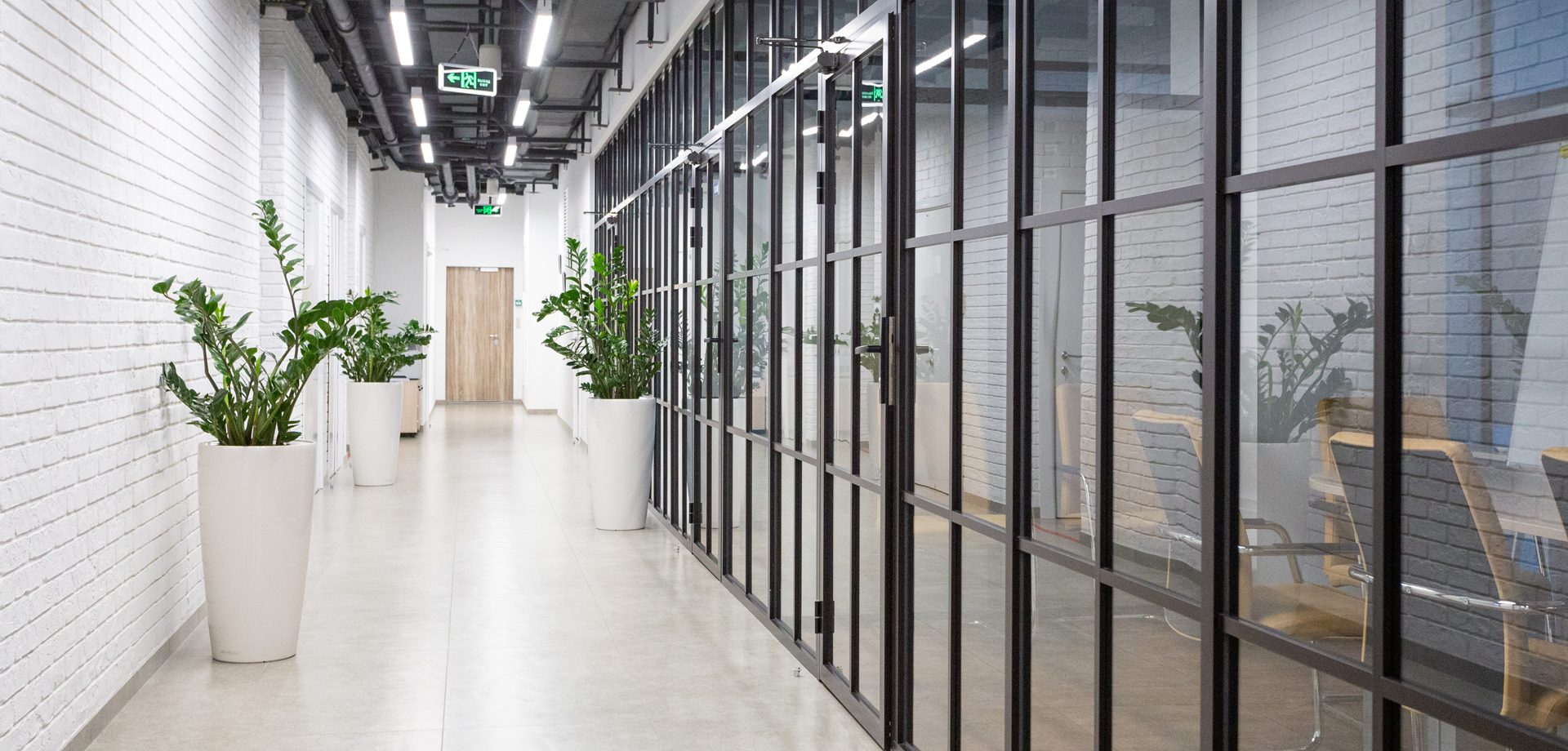 Slim-profile aluminum glazing along a bright corridor